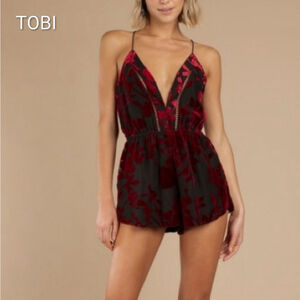 Women's Tobi Black & Red Floral Velvet Burn Out Romper XS Sheer Valentine's Day